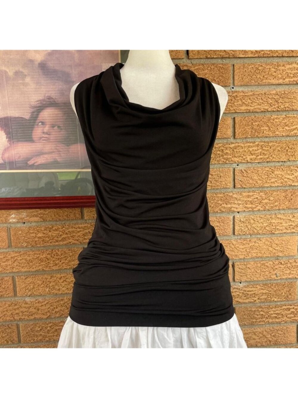 2000s black cowl neck top with chain detailing on back